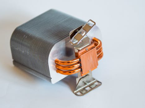 Detailed view of a metallic computer heatsink for cooling systems.