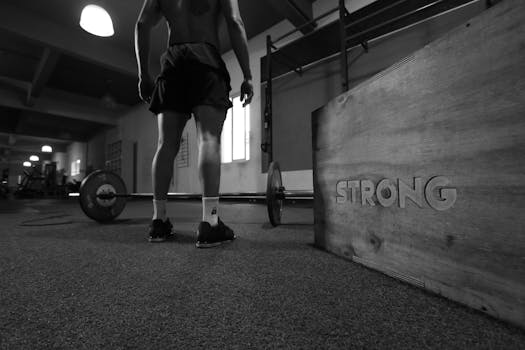 Black and white photo of a man in a gym with barbell and 'Strong' box.