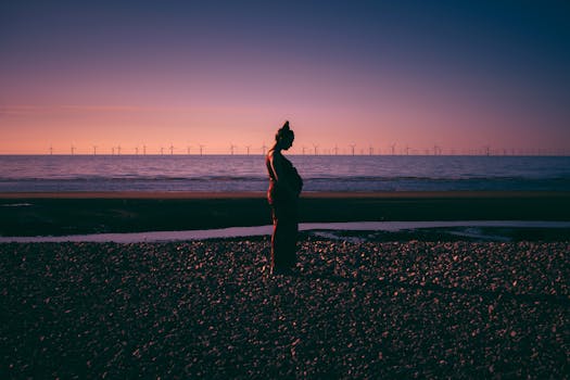 Silhouette of a pregnant woman at sunset on a rocky beach, with windmills in the distance.